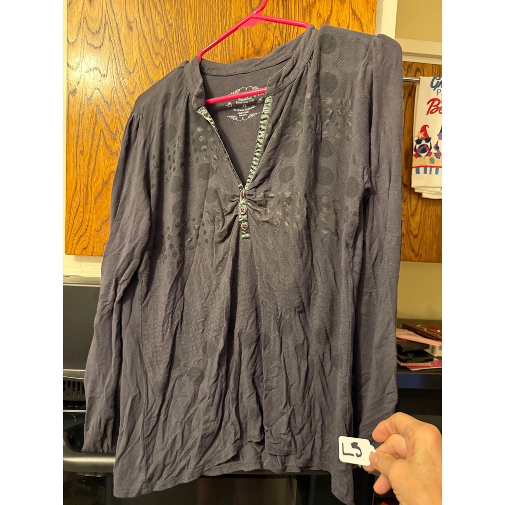 Austin Clothing Co Womens XL Gray Polka Dot V-Neck Long Sleeve Henley Blouse